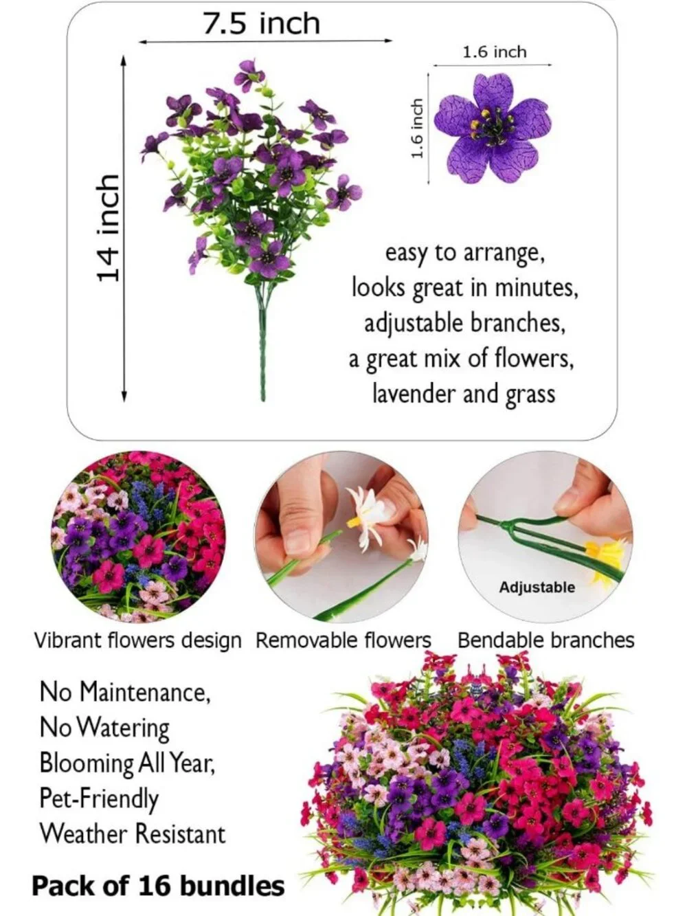 16 Bundles UV Resistant Artificial Flowers - Faux Plants for Garden, Patio